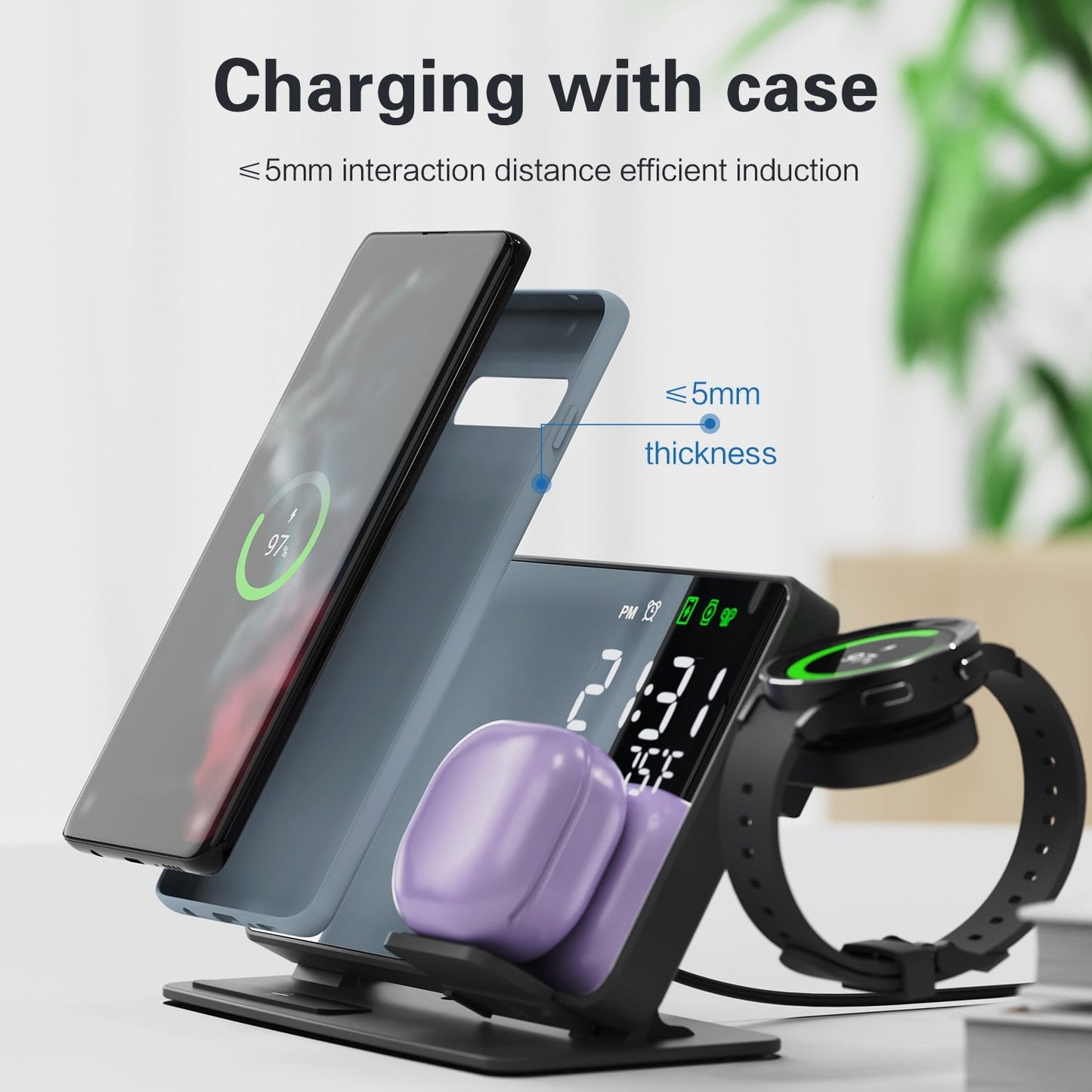 4 in 1 Wireless Charger for Samsung Galaxy S23 S22 Ultra Fast Charging Dock Station for Galaxy Watch 5 Pro Buds LED Alarm Clock