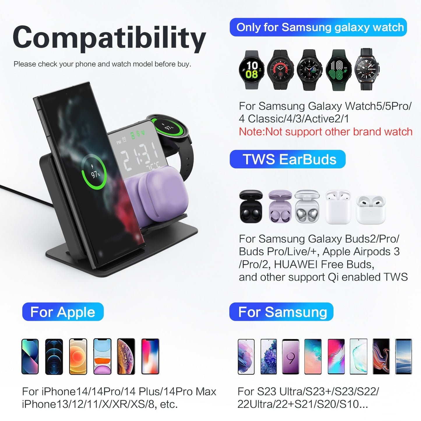 4 in 1 Wireless Charger for Samsung Galaxy S23 S22 Ultra Fast Charging Dock Station for Galaxy Watch 5 Pro Buds LED Alarm Clock